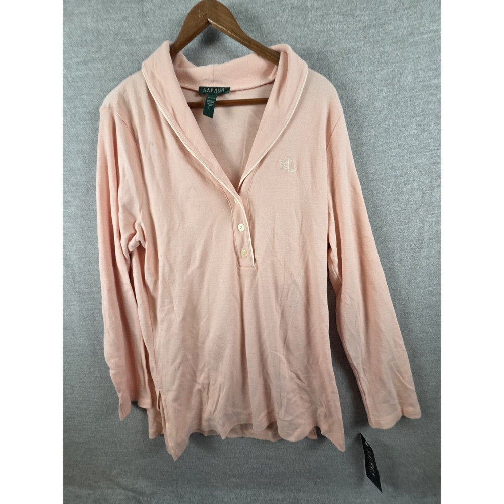 Lauren Ralph Lauren Pajama Lounge Top Sinclair Sueded Pink L Henley Logo NEW‎